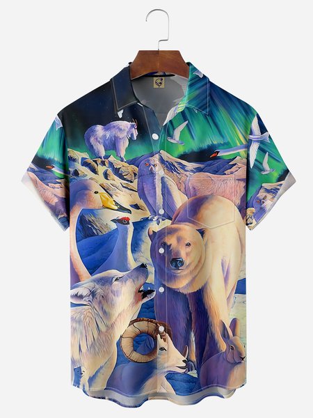 

Animals Under The Aurora Chest Pocket Short Sleeve Hawaiian Shirt, Blue, Men Shirts