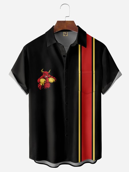 

Boxing Bull Chest Pocket Short Sleeve Bowling Shirt, Black, Men Shirts