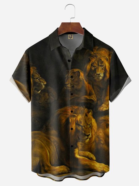 Lion Illustration Chest Pocket Short Sleeve Casual Shirt, Light brown ...