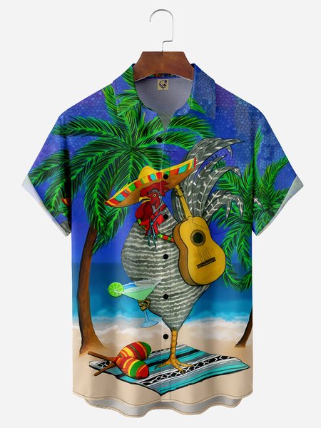 

Music Rooster Chest Pocket Short Sleeve Hawaiian Shirt, Blue, Men Shirts