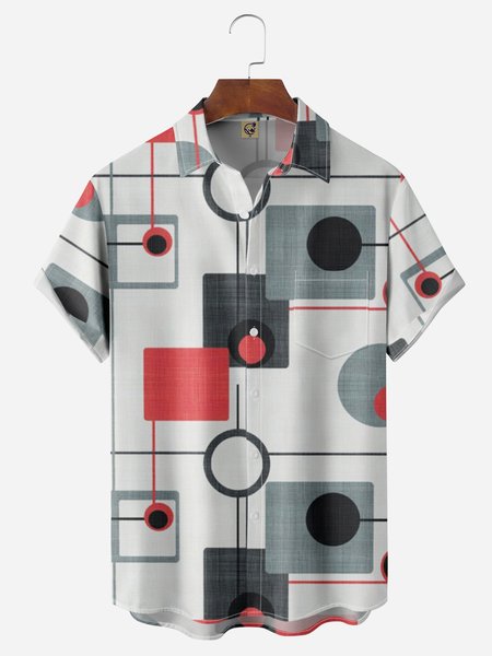 

Mid Century Geometric Chest Pocket Short Sleeve Casual Shirt, Gray, Men Shirts