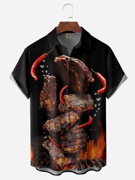 

Barbecue Beef Chest Pocket Short Sleeve Shirt, Black, Men Shirts