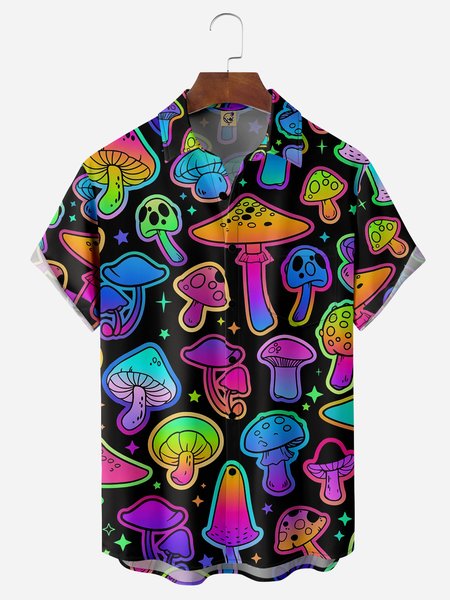 

Hippie Mushroom Chest Pocket Short Sleeve Casual Shirt, Black, Men Shirts