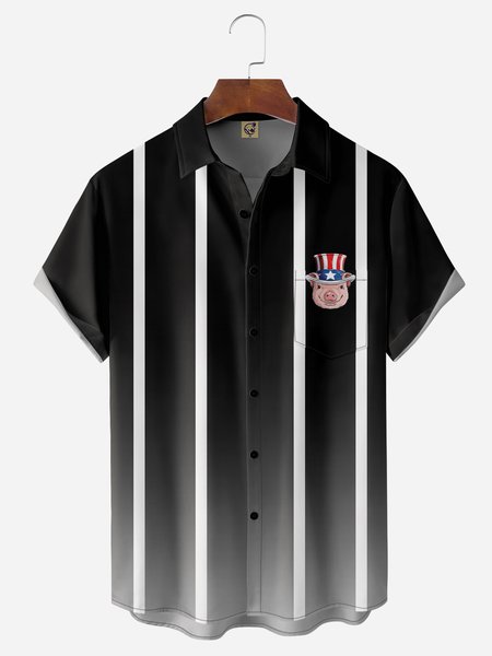 

Pig Chest Pocket Short Sleeve Casual Shirt, Black, Men Shirts