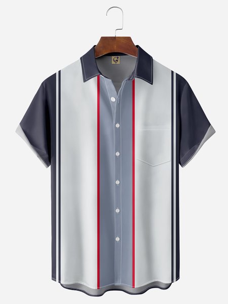 

Stripes Chest Pocket Short Sleeve Bowling Shirt, Blue, Men Shirts