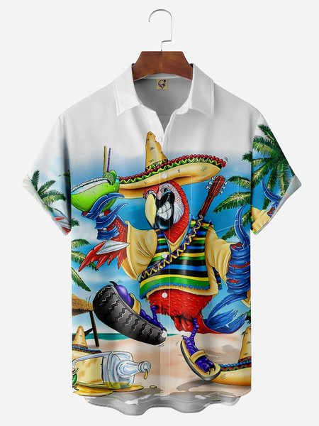 

Cinco de Mayo Parrot Chest Pocket Short Sleeve Hawaiian Shirt, Blue, Men Shirts