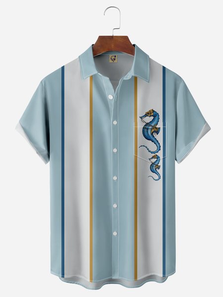 

Seahorse Chest Pocket Short Sleeve Bowling Shirt, Blue, Men Shirts