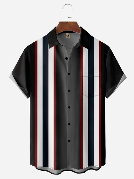 

Gradient Striped Chest Pocket Short Sleeve Bowling Shirt, Black, Men Shirts