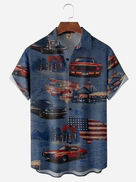 

American Flag Car Chest Pocket Short Sleeves Casual Shirts, Blue, Men Shirts