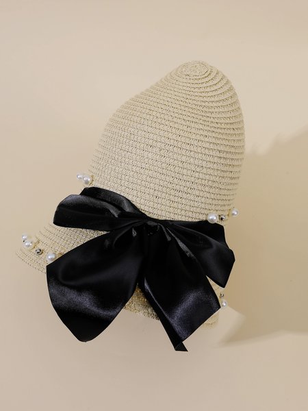 

Casual Pearl Embellished Straw Hat with Bow Holiday Boho Accessories, Off white, Women Hats