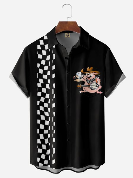 

Pop Music Boar Chest Pocket Short Sleeve Bowling Shirt, Black, Men Shirts