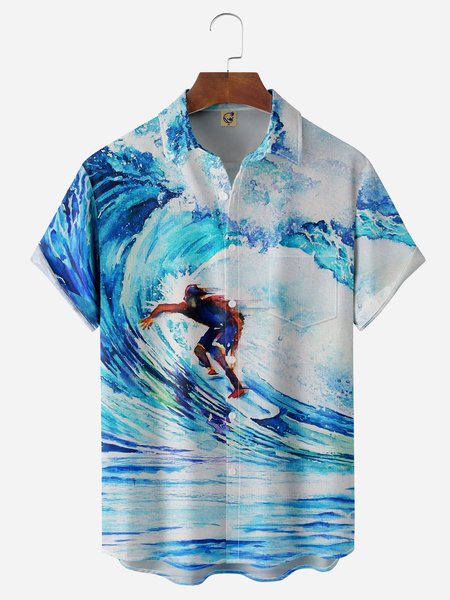 

Surfing Chest Pocket Short Sleeve Hawaiian Shirt, Blue, Men Shirts