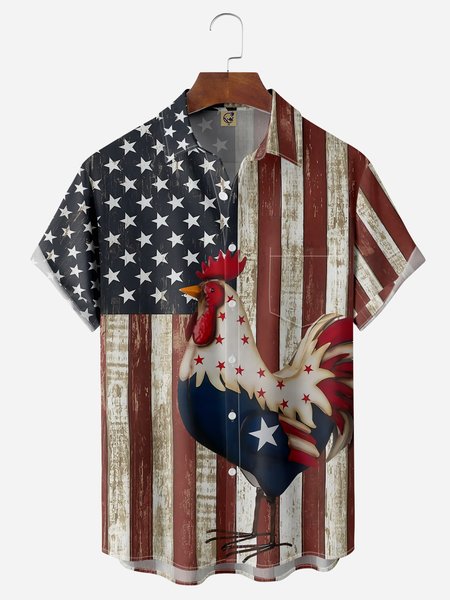 

Flag Rooster Chest Pocket Short Sleeve Casual Shirt, Red, Men Shirts