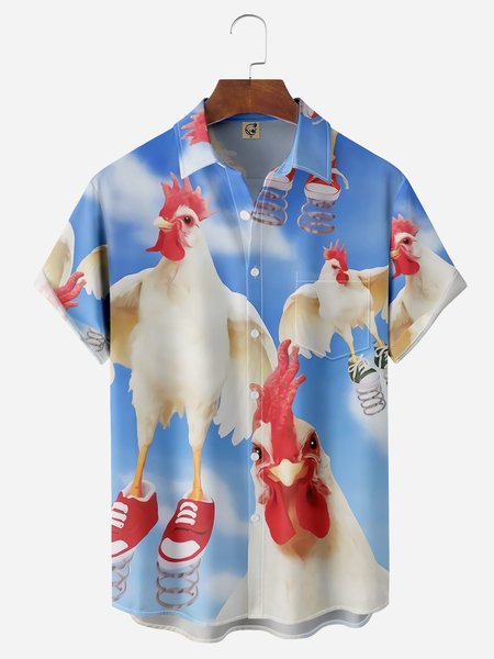 

Rooster Chest Pocket Short Sleeve Casual Shirt, Blue, Men Shirts