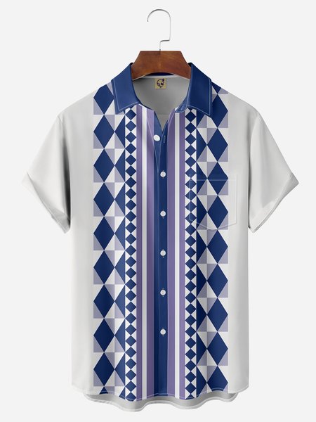 

Diamond Check Chest Pocket Short Sleeve Bowling Shirt, Blue, Men Shirts