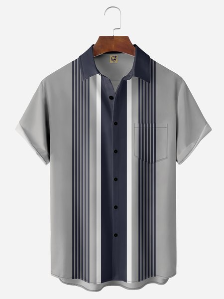 

Geometric Stripe Chest Pocket Short Sleeves Bowling Shirt, Gray, Men Shirts