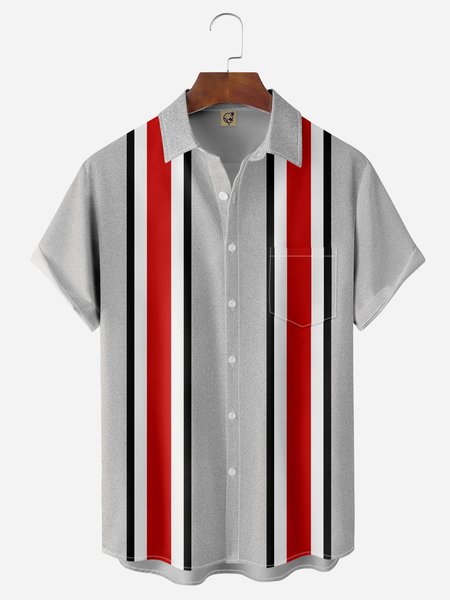 

Striped Chest Pocket Short Sleeve Bowling Shirt, Gray, Men Shirts