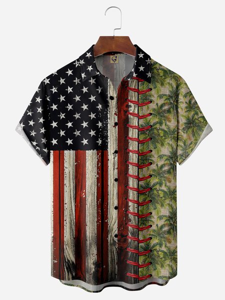 

American Flag Chest Pocket Short Sleeve Casual Shirt, Red, Men Shirts