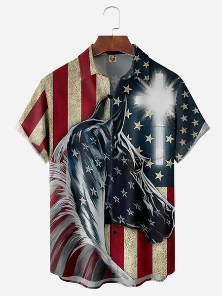 

American Flag Horse Chest Pocket Short Sleeve Casual Shirt, Red, Men Shirts