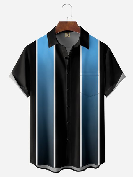 

Striped Chest Pocket Short Sleeve Bowling Shirt, Black, Men Shirts