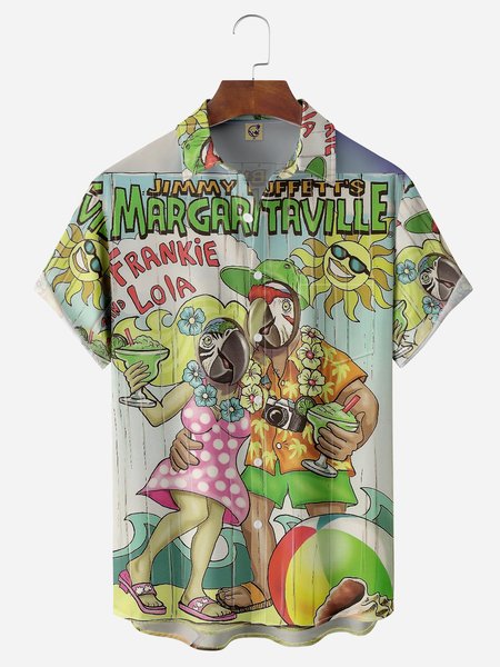 

Parrots Couple Chest Pocket Short Sleeve Hawaiian Shirt, Green, Men Shirts