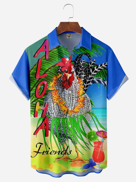 

Beach Fun Rooster Chest Pocket Short Sleeve Hawaiian Shirt, Blue, Men Shirts