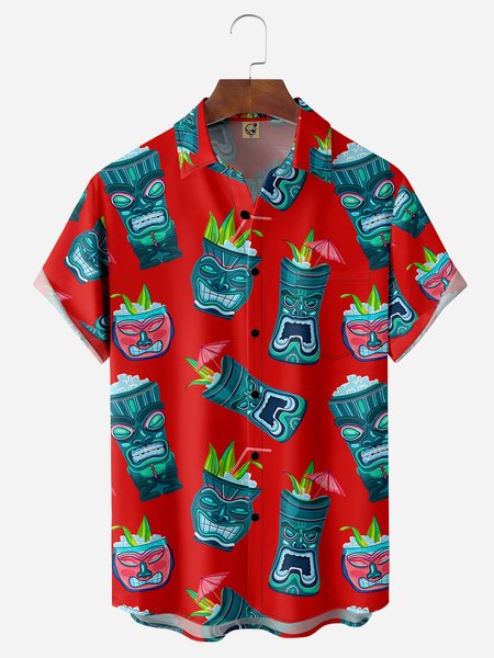 

Tiki Chest Pocket Short Sleeve Hawaiian Shirt, Red, Men Shirts