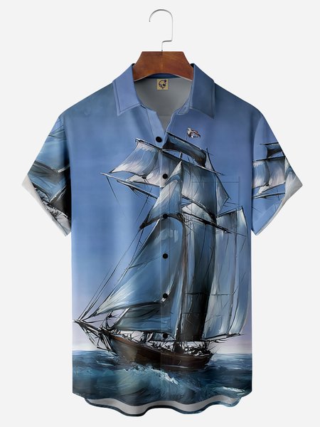 

Sailing Boat Chest Pocket Short Sleeves Hawaiian Shirts, Blue, Men Shirts