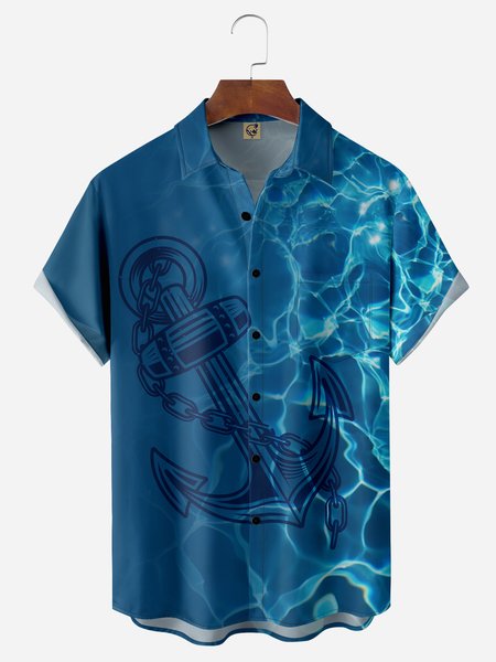 

Seawater Anchor Chest Pocket Short Sleeve Hawaiian Shirt, Blue, Men Shirts