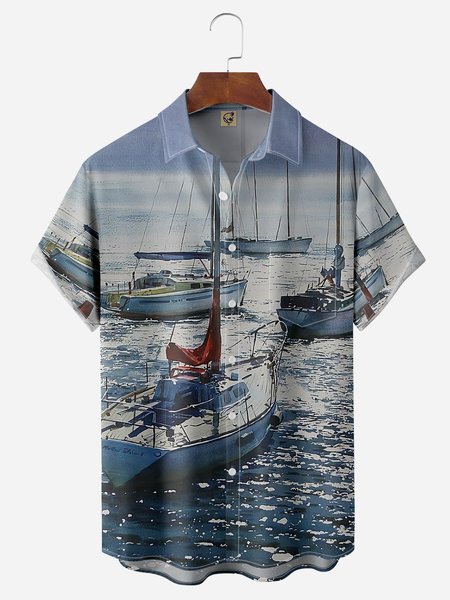 

Sailboat Chest Pocket Short Sleeve Hawaiian Shirt, Gray, Men Shirts