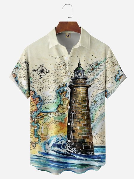 

Lighthouse Chest Pocket Short Sleeve Hawaiian Shirt, Blue, Men Shirts