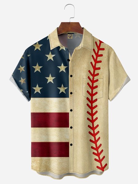 

Flag Tennis Chest Pocket Short Sleeves Casual Shirts, Khaki, Men Shirts