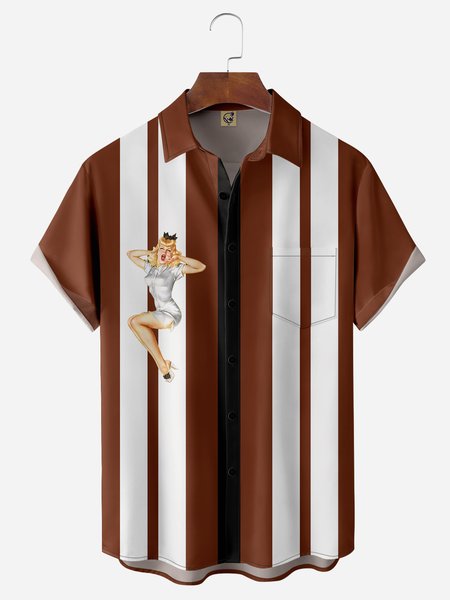 

Retro Beauty Chest Pocket Short Sleeve Bowling Shirt, Brown, Men Shirts