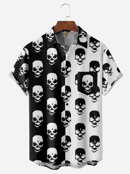 

B&W Skulls Chest Pocket Short Sleeve Casual Shirt, Black, Men Shirts