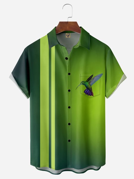

Hummingbird Festival Chest Pocket Short Sleeve Bowling Shirt, Green, Men Shirts