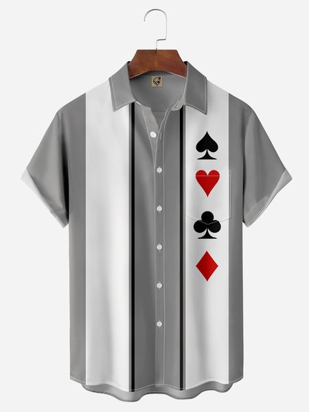 

Poker Symbols Chest Pocket Short Sleeve Bowling Shirts, Gray, Men Shirts