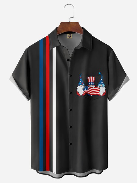 

American Gnomes Chest Pocket Short Sleeve Bowling Shirt, Black, Men Shirts