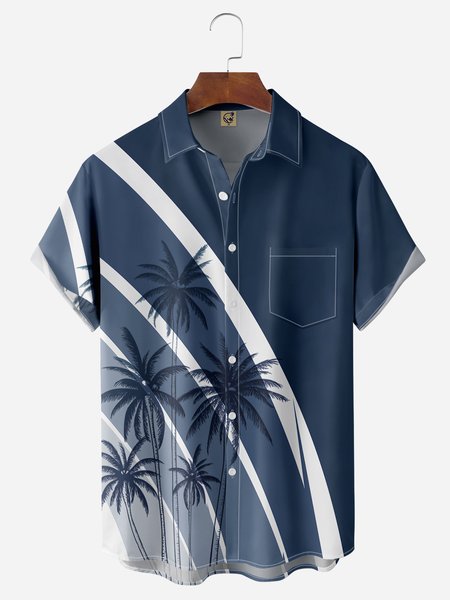 

Palm Tree Chest Pocket Short Sleeve Hawaiian Shirt, Blue, Men Shirts
