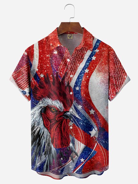 

American Flag Chest Pocket Short Sleeve Casual Shirt, Red, Men Shirts