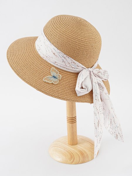 

Vacation 3D Butterfly Flower Ribbon Decorated Straw Hat Bohemia Beach Female Sunscreen Accessories, Khaki, Women Hats