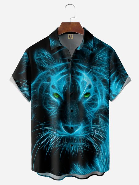 

Tiger Chest Pocket Short Sleeve Hawaiian Shirt, Black, Men Shirts