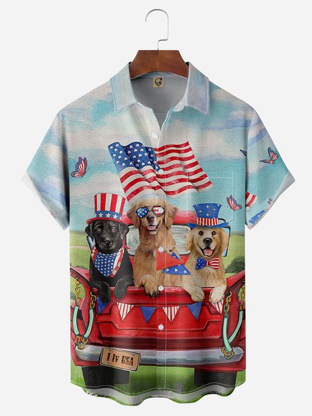 

Dogs Car Chest Pocket Short Sleeve Casual Shirt, Red, Men Shirts