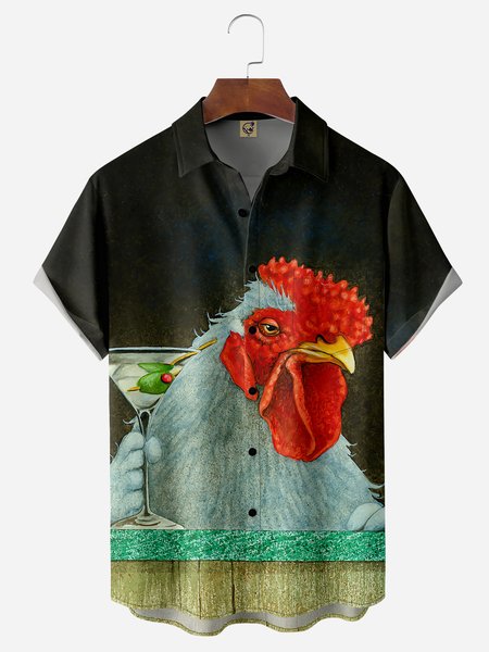 

Rooster Drinking Chest Pocket Short Sleeve Hawaiian Shirt, Black, Men Shirts
