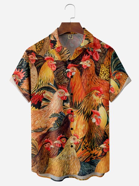 

Chicken Chest Pocket Short Sleeve Casual Shirt, Yellow, Men Shirts