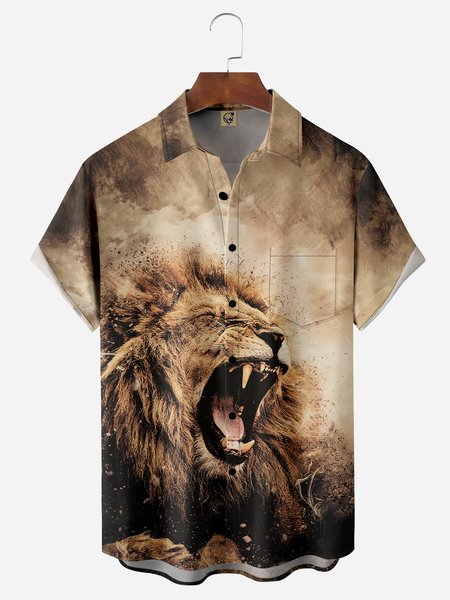 

Lion Chest Pocket Short Sleeve Casual Shirt, Brown, Men Shirts