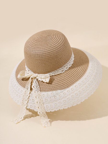 

Vacation Bowknot Lace Stitching Straw Hat Beach Casual Women Accessories, Khaki, Women Hats