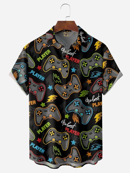

Game Console Chest Pocket Short Sleeves Casual Shirts, Black, Men Shirts