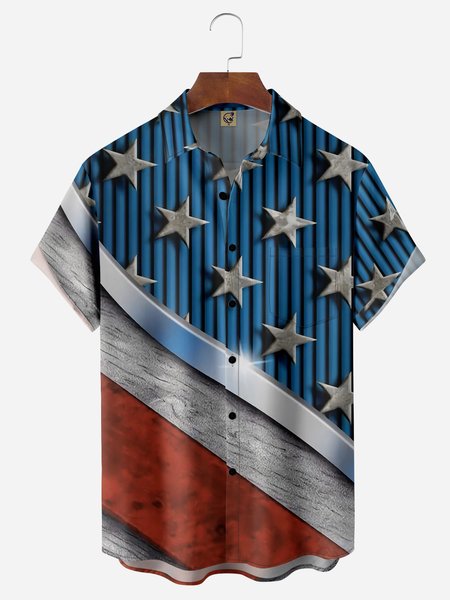 

American Flag Chest Pocket Short Sleeves Casual Shirts, Blue, Men Shirts