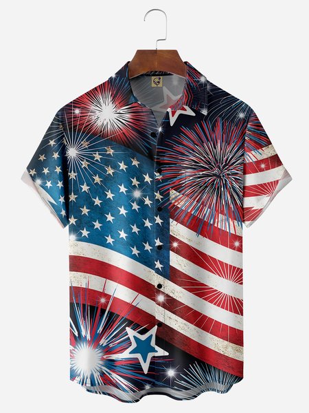 

Indepndence Day Flag Chest Pocket Short Sleeve Shirt, Red, Men Shirts