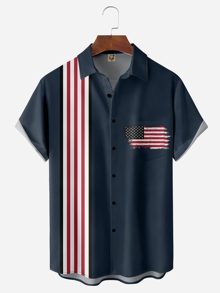 

American Flag Chest Pocket Short Sleeves Bowling Shirts, Deep blue, Men Shirts